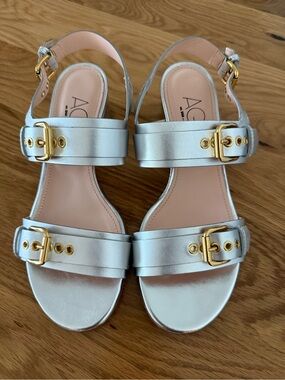AGL Silver Leather Sandals with Gold Buckles